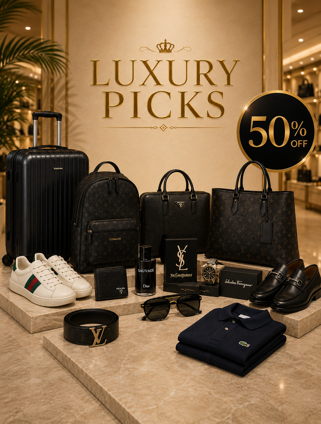 External Links Trading FZCO Luxury Picks collection featuring premium designer-inspired bags, sneakers, luggage, perfumes, wallets, sunglasses, belts, and luxury fashion accessories in an elegant Dubai-inspired boutique setting with 50% off sale display.