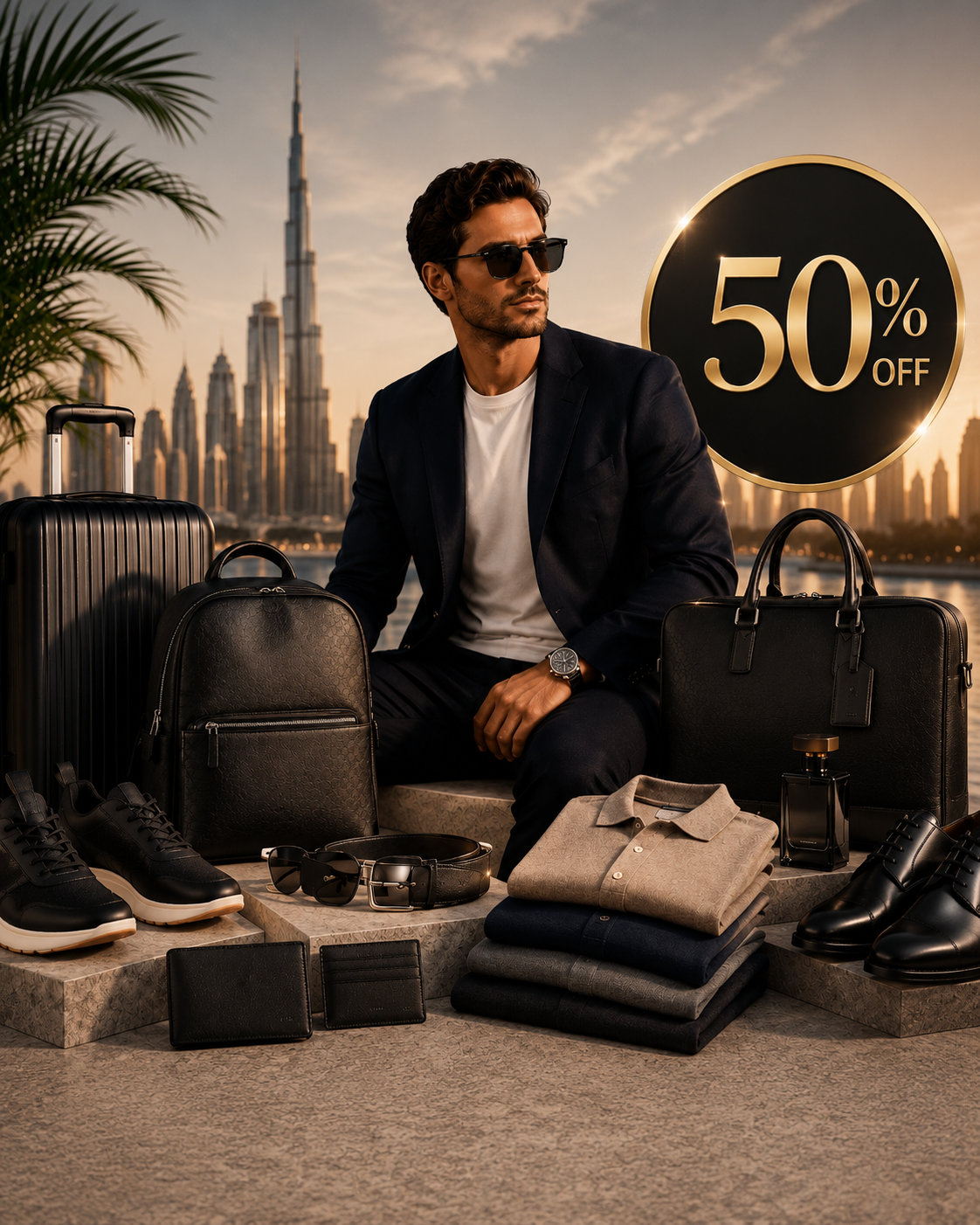 External Links Trading FZCO men’s luxury fashion collection with designer bags, sneakers, formal shoes, wallets, travel luggage, clothing, and premium accessories in a luxury Dubai-inspired setting with 50% off sale.