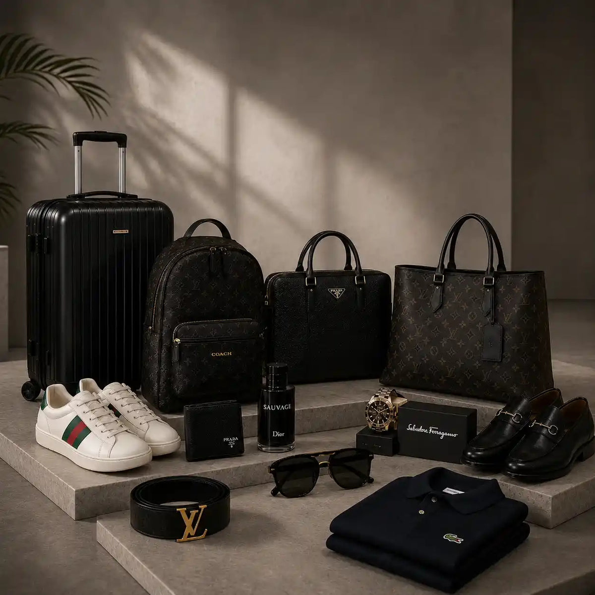 External Links Trading FZCO Luxury Picks collection featuring premium designer-inspired bags, sneakers, luggage, perfumes, wallets, sunglasses, belts, and luxury fashion accessories in an elegant Dubai-inspired boutique setting with 50% off sale display.
