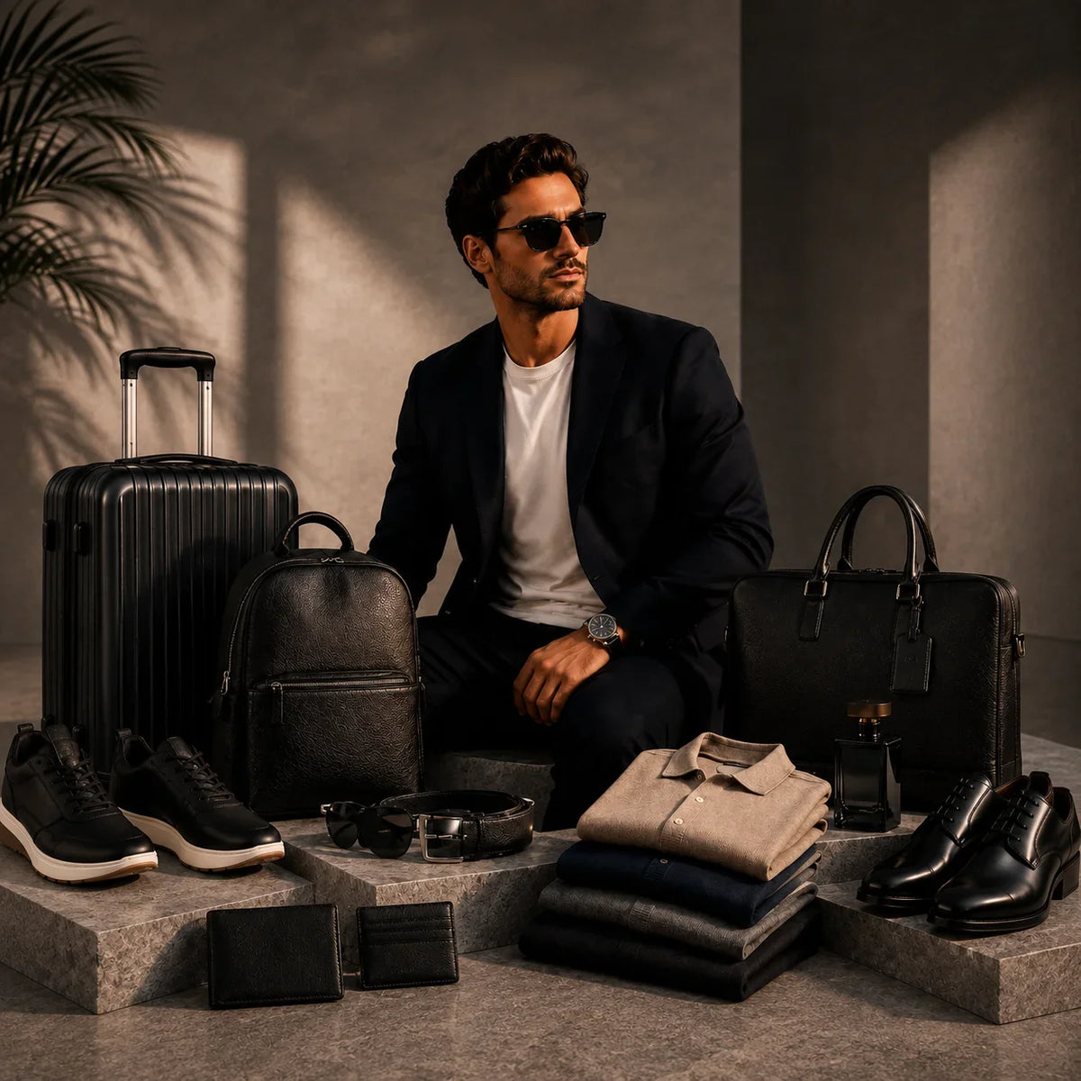 External Links Trading FZCO men’s luxury fashion collection with designer bags, sneakers, formal shoes, wallets, travel luggage, clothing, and premium accessories in a luxury Dubai-inspired setting with 50% off sale.