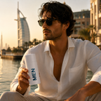 212 Men Aqua perfume bottle styled on marble surface with luxury accessories and elegant beige tones