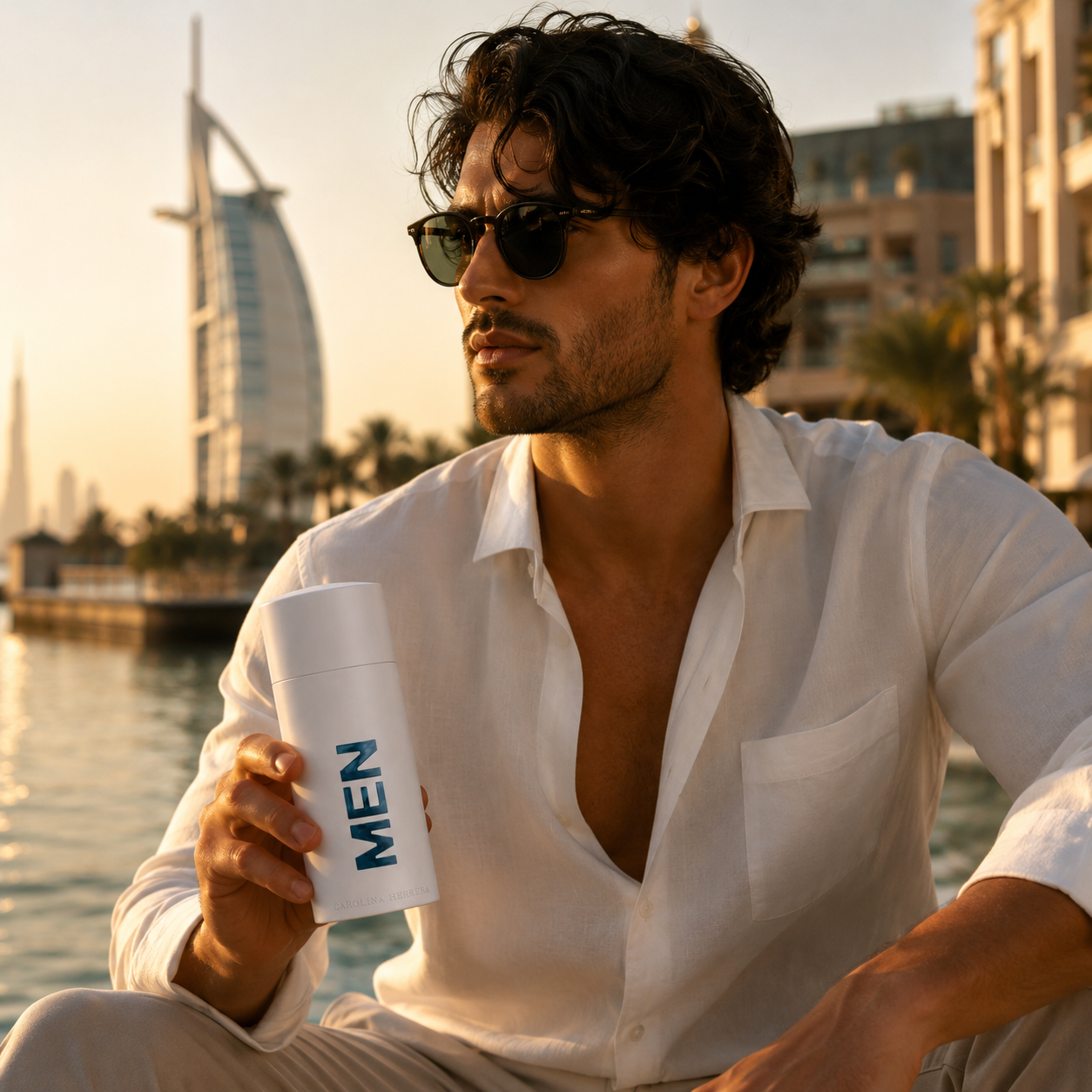 212 Men Aqua perfume bottle styled on marble surface with luxury accessories and elegant beige tones