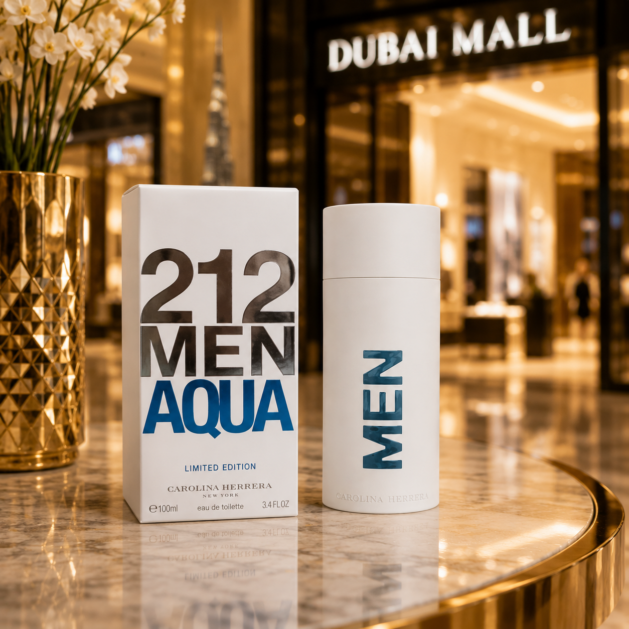 212 Men Aqua men's perfume displayed in a luxury Dubai-inspired shopping mall environment with elegant lighting