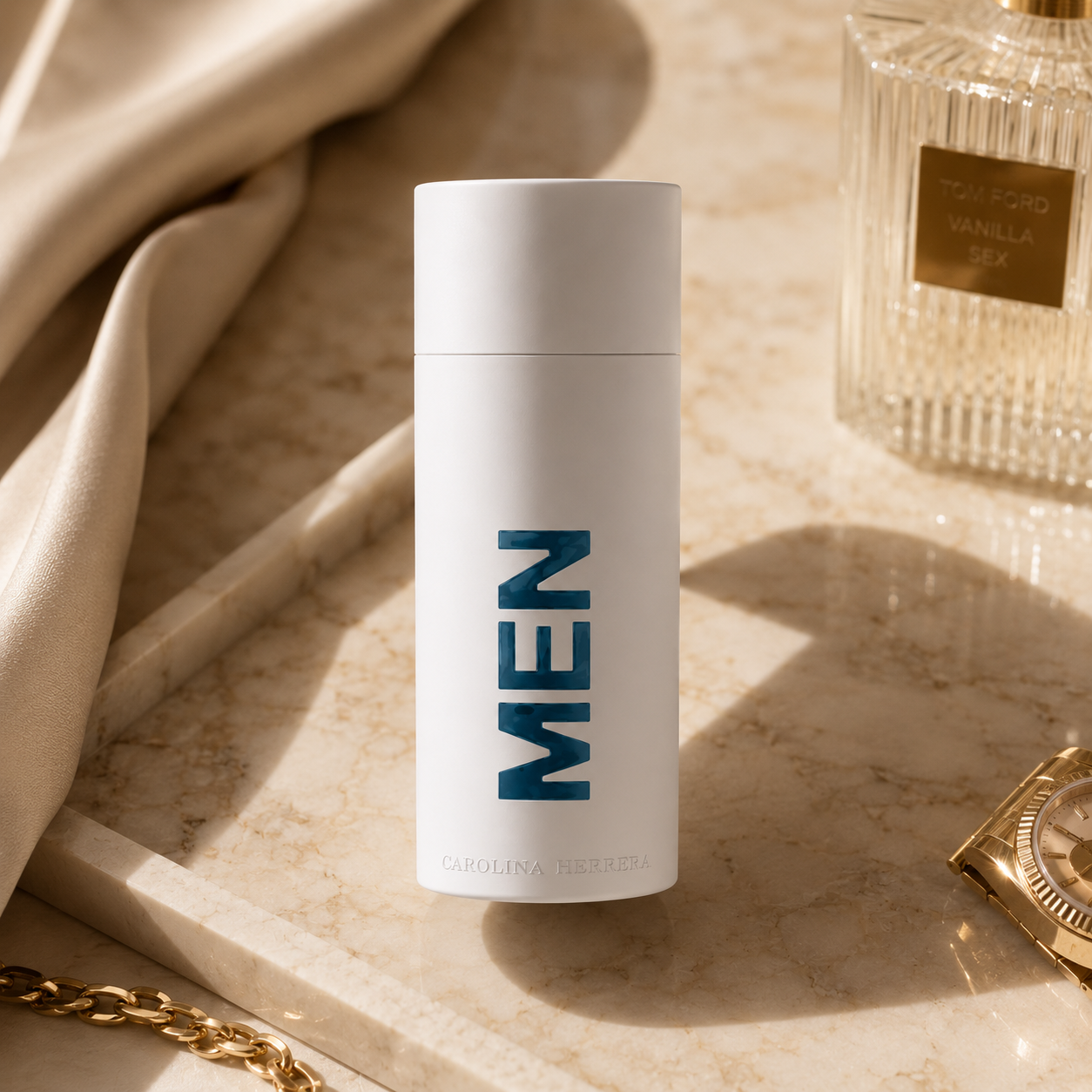 212 Men Aqua fragrance flat lay with sunglasses, watch, jewelry and leather accessories in luxury styling