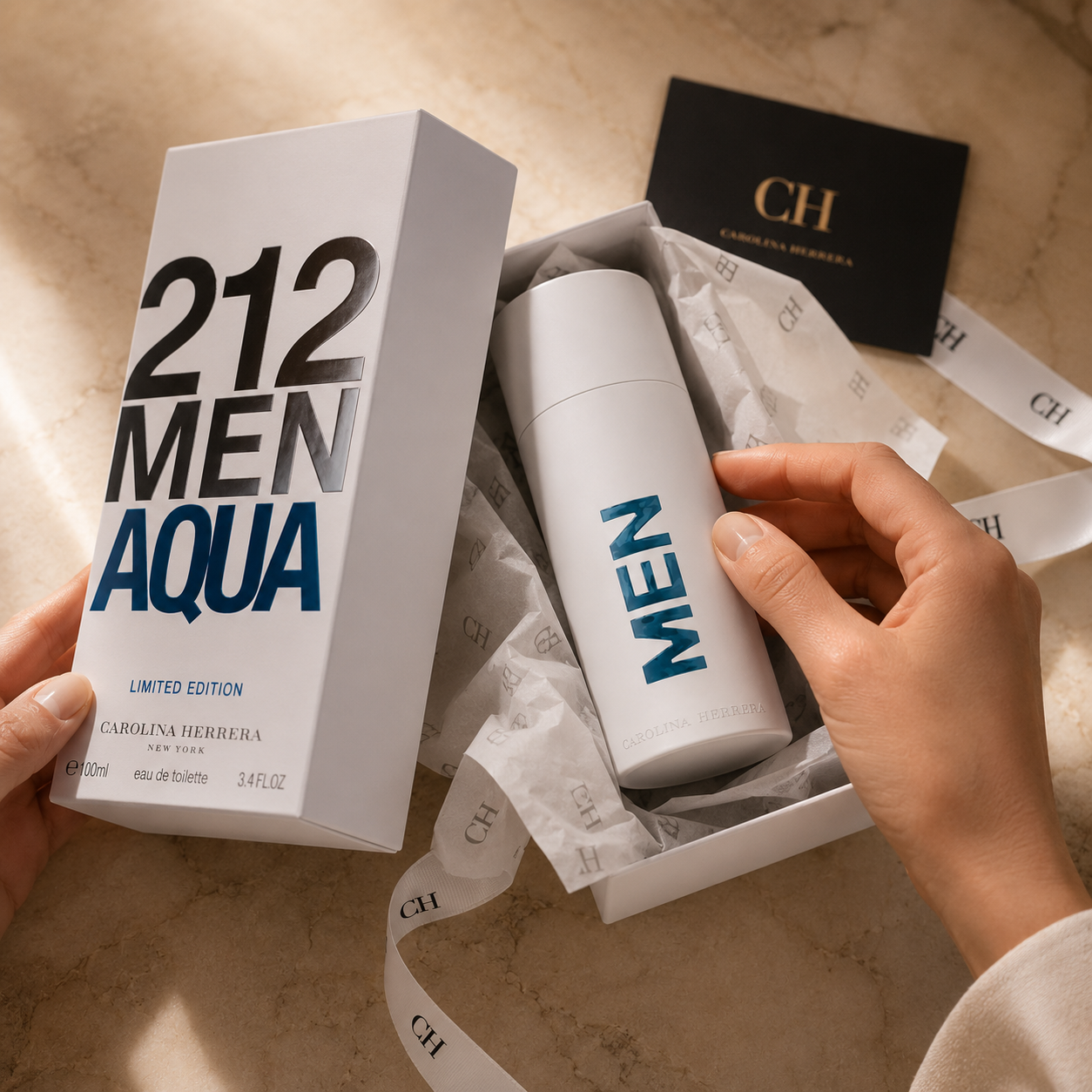 Elegant male model holding 212 Men Aqua fragrance in a luxury UAE-inspired fashion lifestyle setting