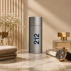 212 Men fragrance bottle displayed on a marble surface with elegant luxury accessories and soft beige tones in a premium editorial composition.