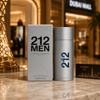 212 Men Eau de Toilette displayed in a luxury Dubai-inspired boutique setting with elegant golden lighting and premium lifestyle atmosphere.