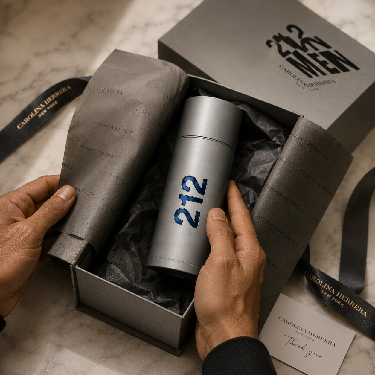 Luxury unboxing experience featuring 212 Men Eau de Toilette emerging from premium packaging with tissue paper, ribbon, and elegant gift presentation.