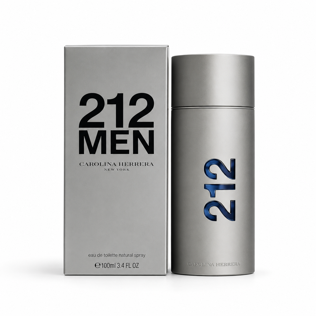212 Men Eau de Toilette perfume bottle and box with premium silver finish on a clean white background for luxury men's fragrance collection.