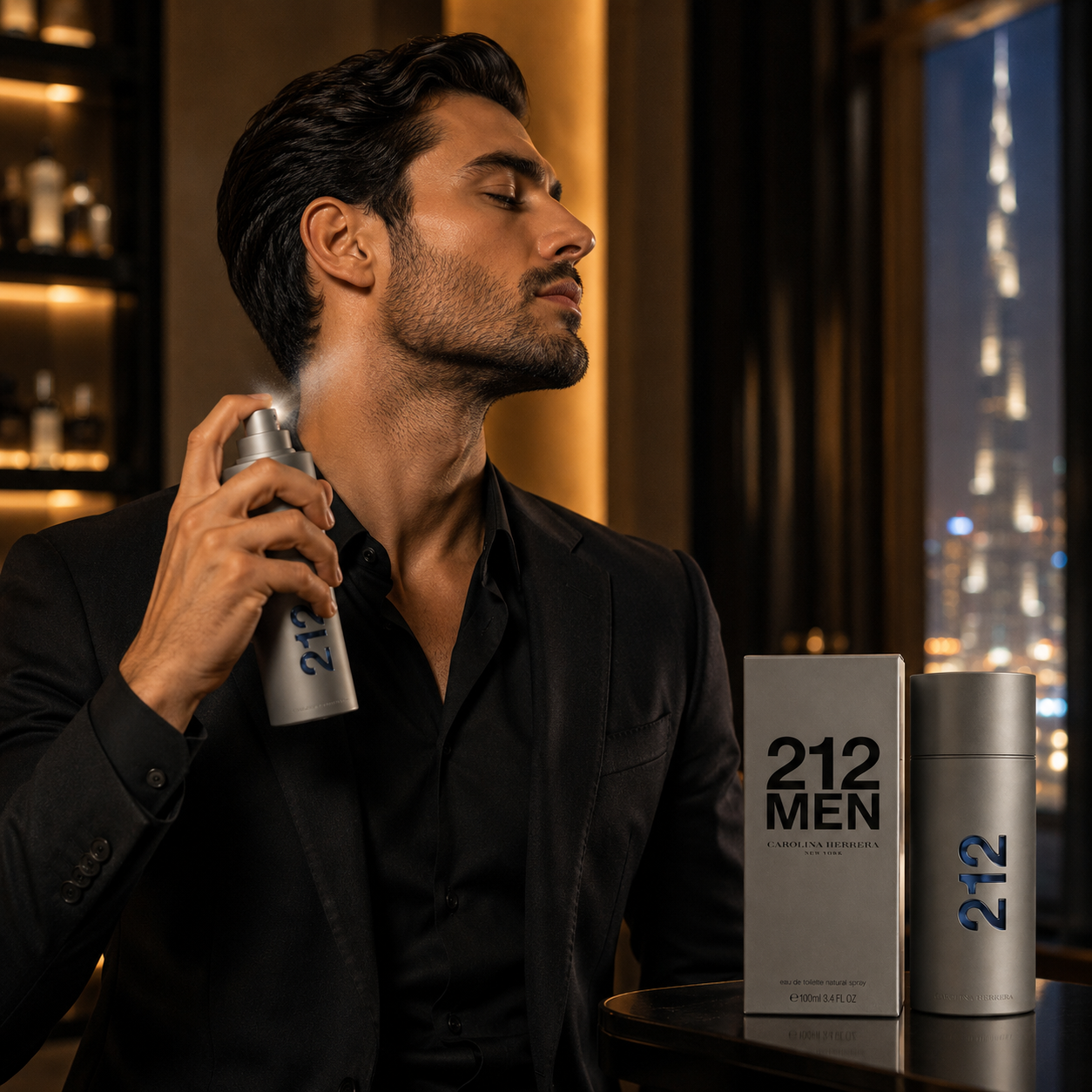 Stylish gentleman using 212 Men Eau de Toilette in a luxury fashion campaign setting showcasing confidence, elegance, and modern masculine style.