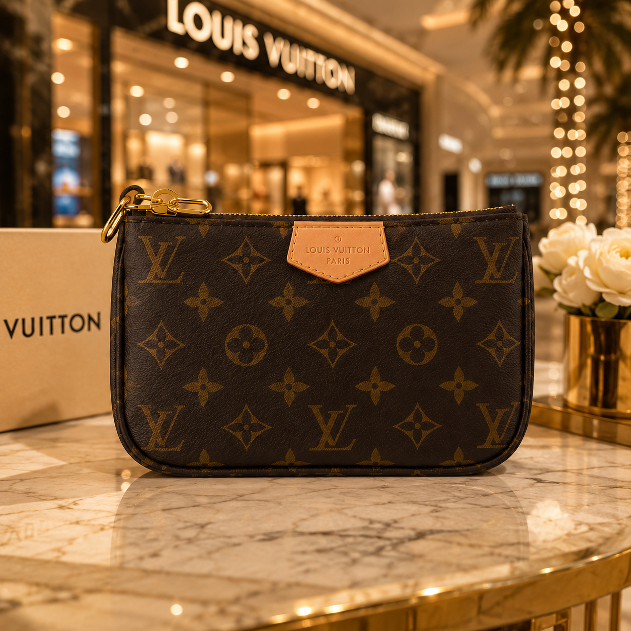 A Louis Vuitton monogram pouch in dark brown coated canvas with gold-tone hardware, displayed on a marble counter in a luxury store setting with a Louis Vuitton box and flowers in the background.