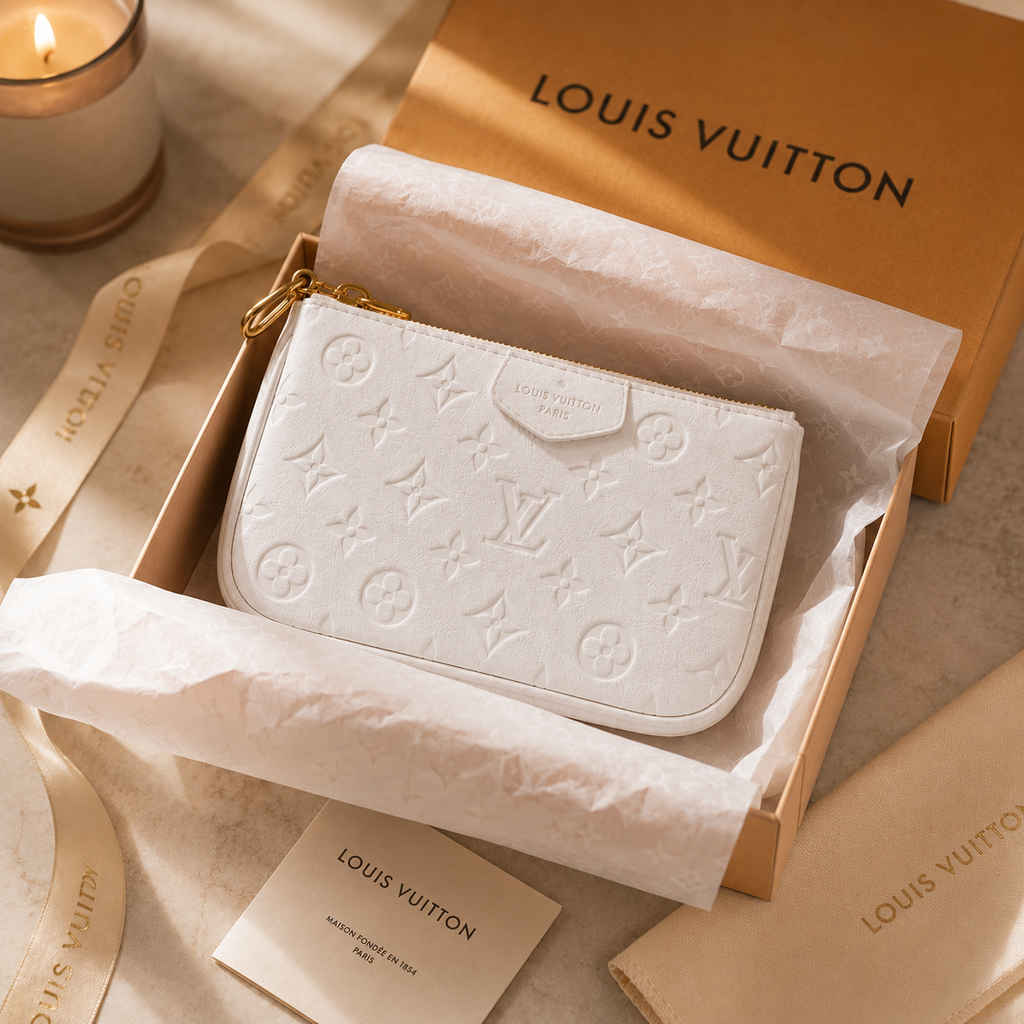 A Louis Vuitton monogram wallet in white textured leather, presented inside its branded kraft gift box with tissue paper, ribbon, dust bag, and a lit candle on a warm neutral surface.