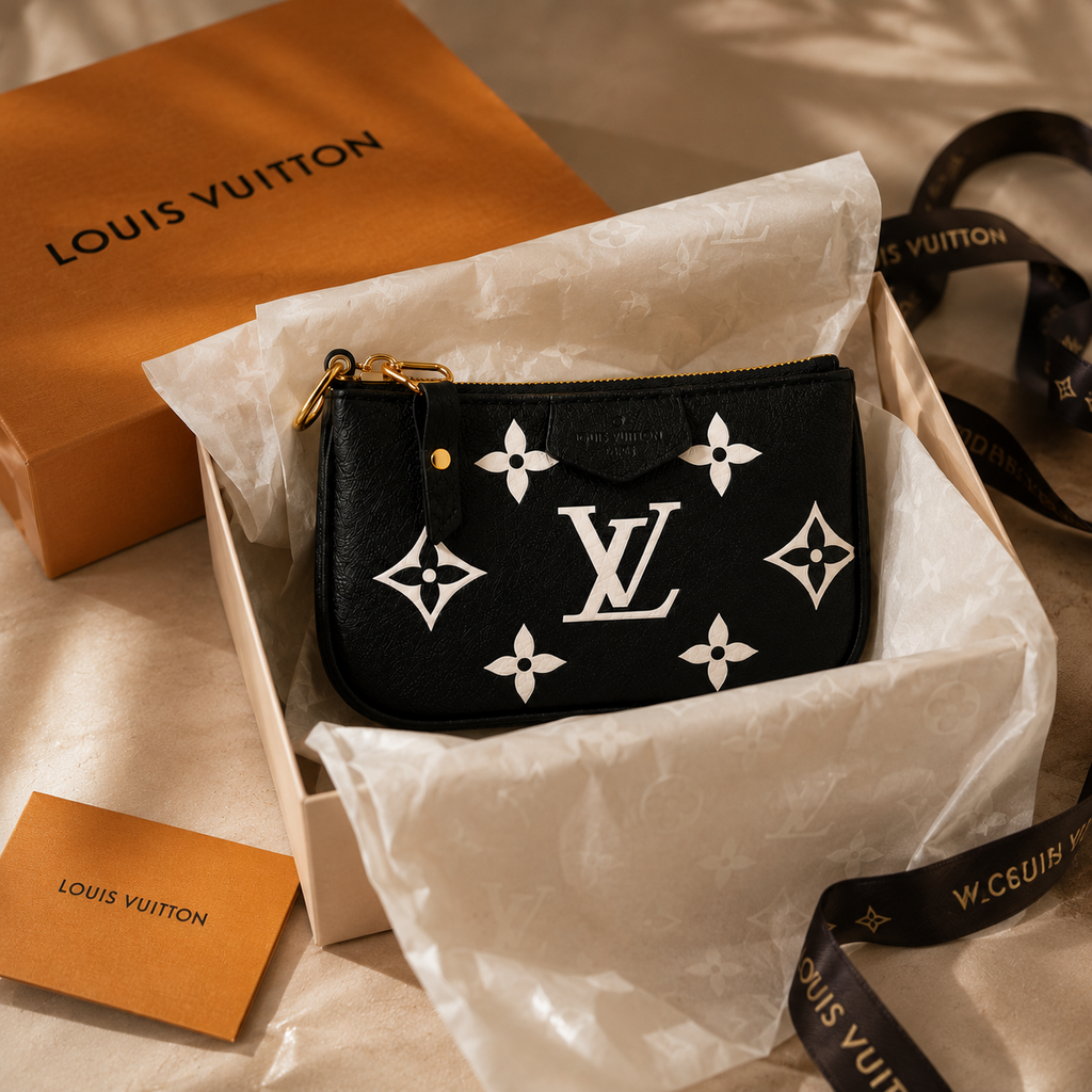 A black Louis Vuitton monogram pouch with white printed motifs and gold-tone hardware, displayed in an open Louis Vuitton box with tissue paper. A Louis Vuitton box, card, and branded ribbon are visible around it on a beige surface.