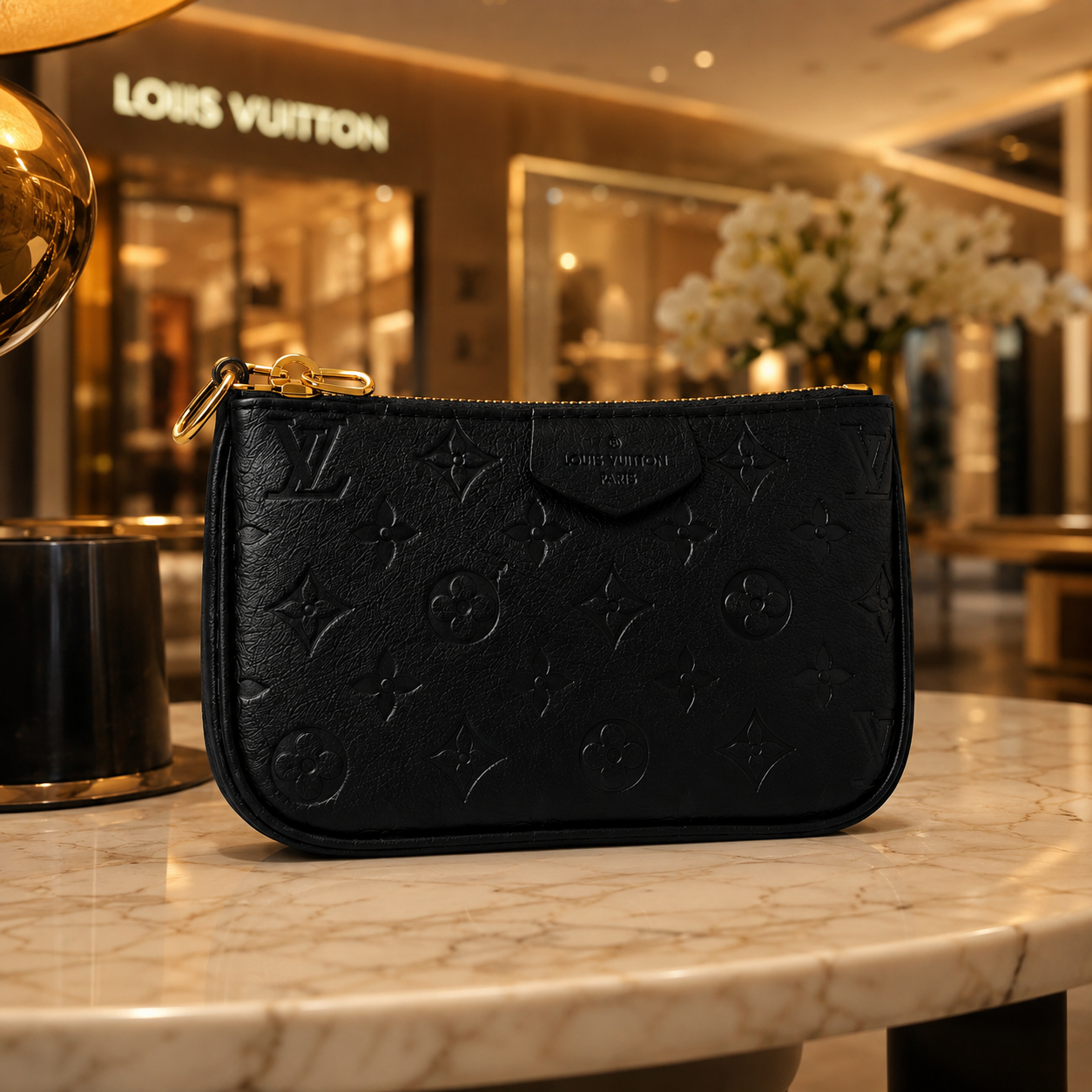 A black Louis Vuitton monogram zip-around pouch with gold-tone hardware, displayed on a marble countertop in a luxury retail environment with a Louis Vuitton store in the background.