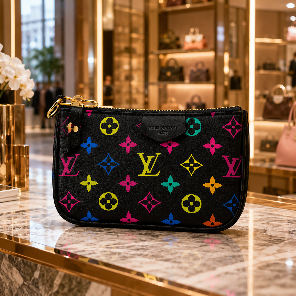 A black Louis Vuitton pouch with a colorful neon monogram pattern, displayed on a marble counter inside a luxury boutique.