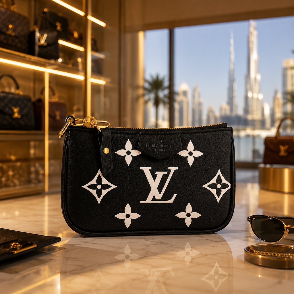 A black Louis Vuitton pouch with white monogram motifs and gold-tone hardware, displayed on a marble counter in a luxury boutique with a city skyline visible through the window behind it.