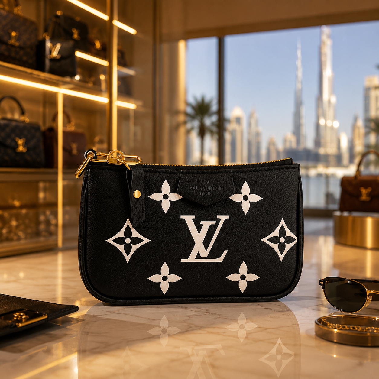 A black Louis Vuitton pouch with white monogram motifs and gold-tone hardware, displayed on a marble counter in a luxury boutique with a city skyline visible through the window behind it.