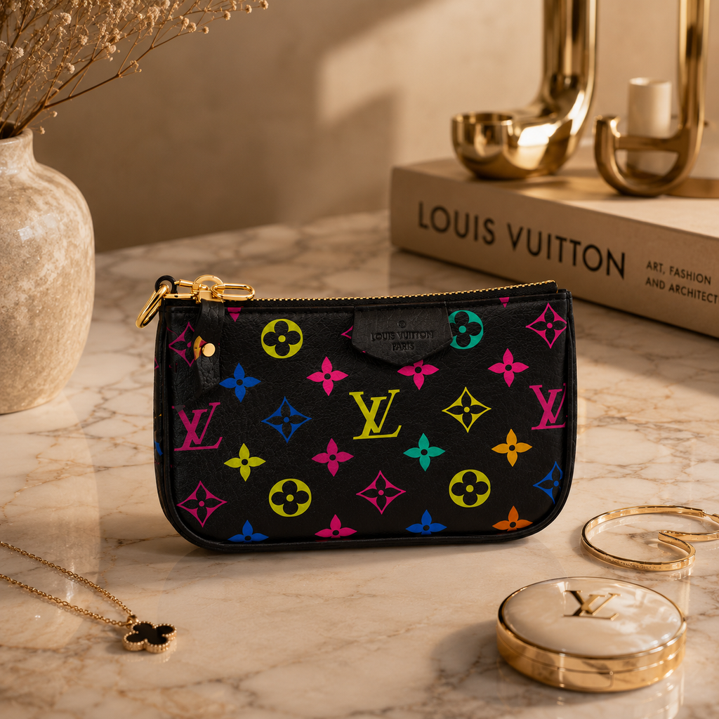 A black Louis Vuitton zip pouch with a colorful neon monogram pattern, styled on a marble tabletop with gold accessories and a Louis Vuitton book in the background.