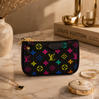 A black Louis Vuitton zip pouch with a colorful neon monogram pattern, styled on a marble tabletop with gold accessories and a Louis Vuitton book in the background.