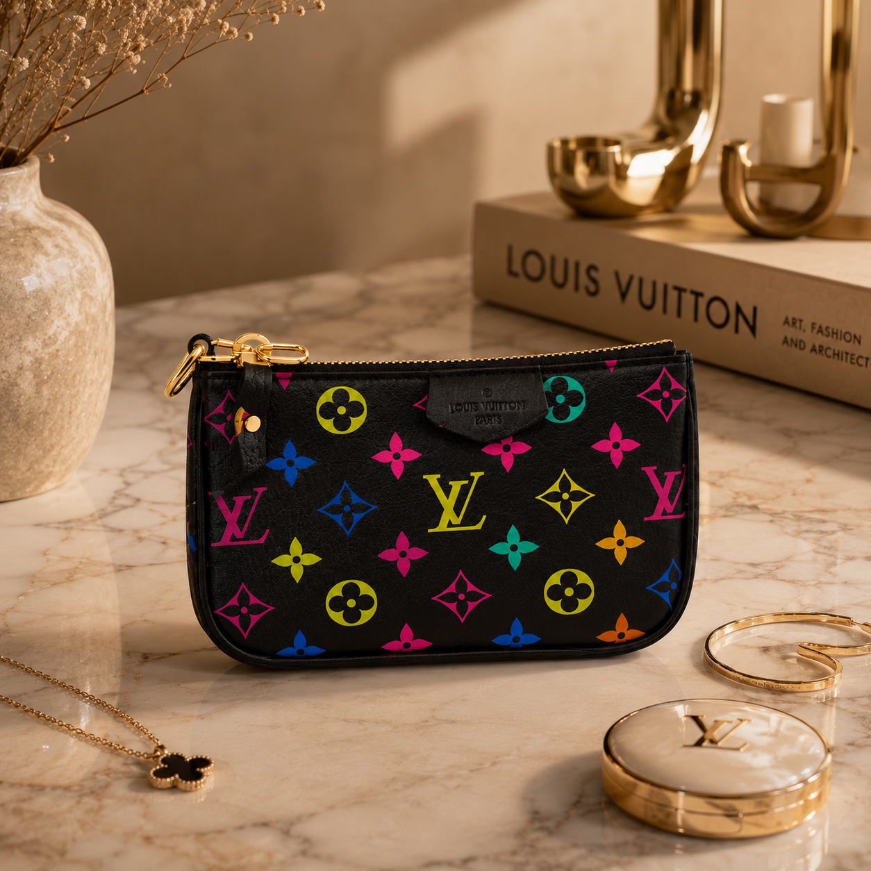 A black Louis Vuitton zip pouch with a colorful neon monogram pattern, styled on a marble tabletop with gold accessories and a Louis Vuitton book in the background.