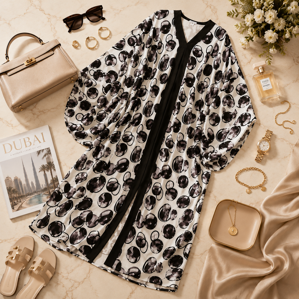 A black and white abstract patterned cardigan with black trim, styled in a luxury flat-lay with beige handbag, sunglasses, jewelry, and a magazine on a marble surface.