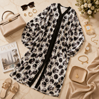 A black and white abstract patterned cardigan with black trim, styled in a luxury flat-lay with beige handbag, sunglasses, jewelry, and a magazine on a marble surface.