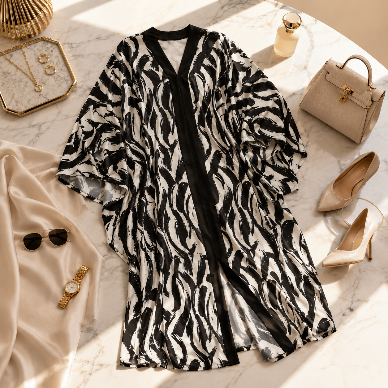 A black and white zebra-print kimono cardigan with a solid black front placket, styled in a luxury flat-lay on a white marble surface alongside beige shoes, a handbag, sunglasses, and gold accessories.
