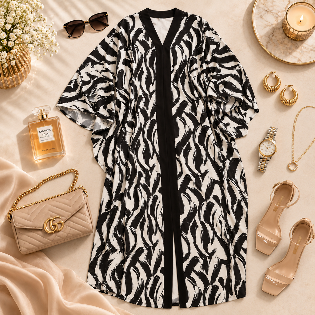 A black and white zebra-print open-front cardigan or cover-up is styled in a flat lay with fashion accessories including a beige quilted handbag, sunglasses, perfume, jewelry, sandals, and a candle on a cream fabric background.