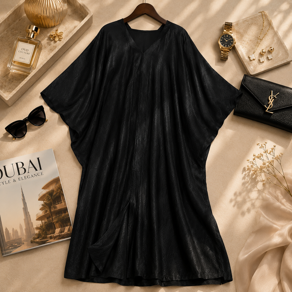 A black draped tunic dress with wide batwing sleeves, styled in a luxury flat-lay arrangement with sunglasses, a perfume bottle, a watch, jewelry, a clutch, and a magazine on a beige fabric background.