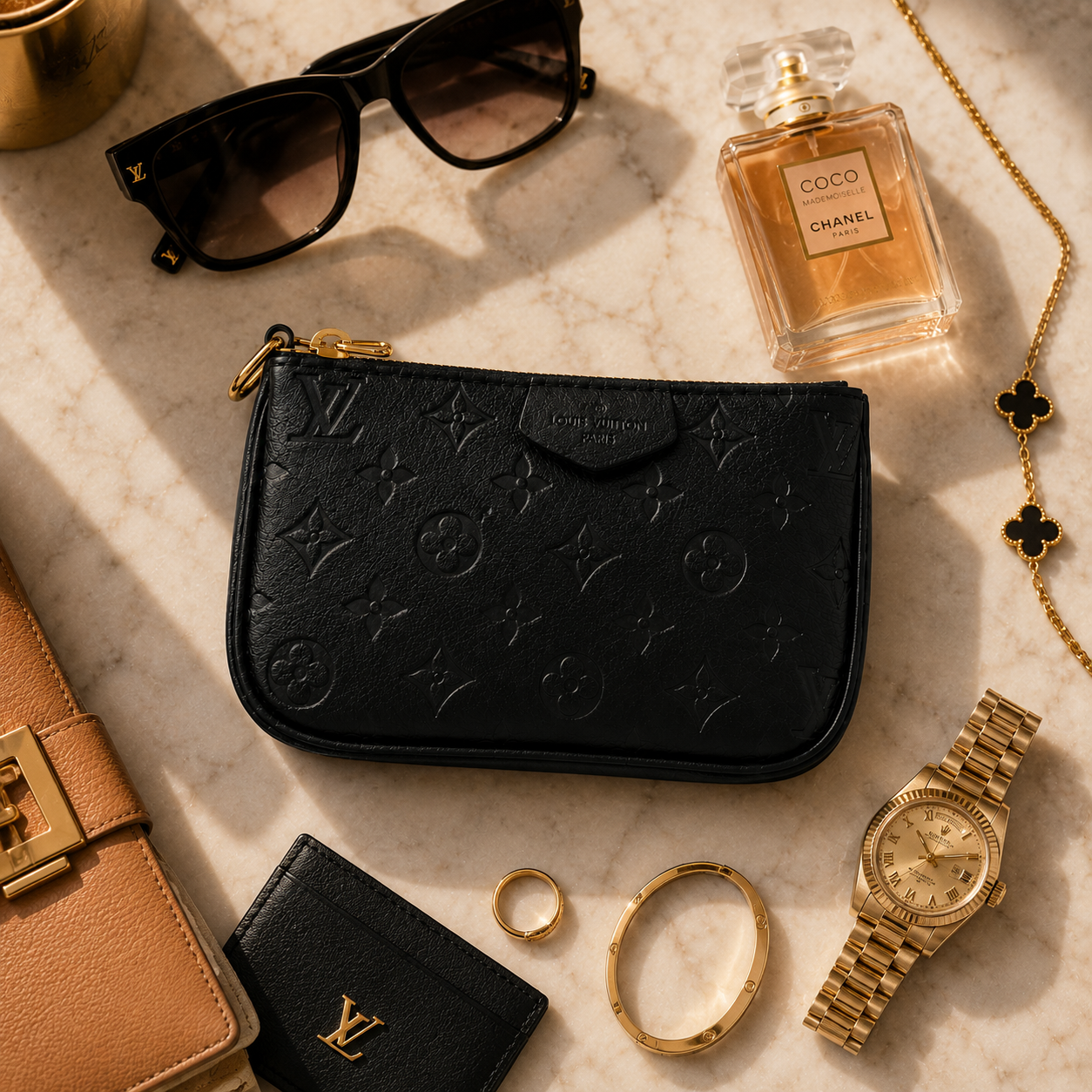 A black embossed Louis Vuitton zip pouch is arranged on a light marble surface with luxury props including Chanel sunglasses, a Coco perfume bottle, a gold-tone watch, rings, and a tan leather accessory.