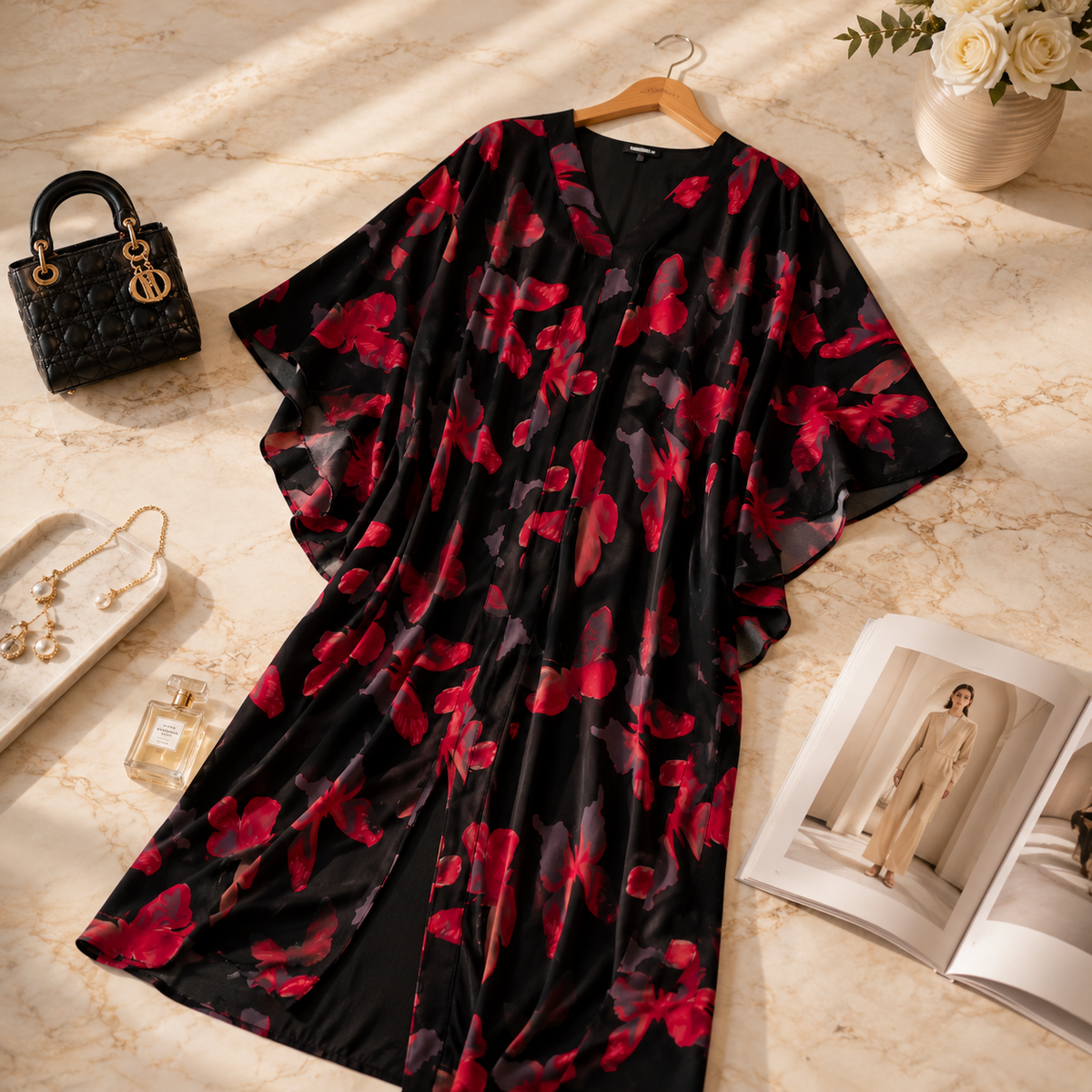 A black kaftan dress with a red and dark gray floral print, styled in a flat-lay arrangement on a beige marble surface with a black handbag, jewelry, perfume, and an open magazine.