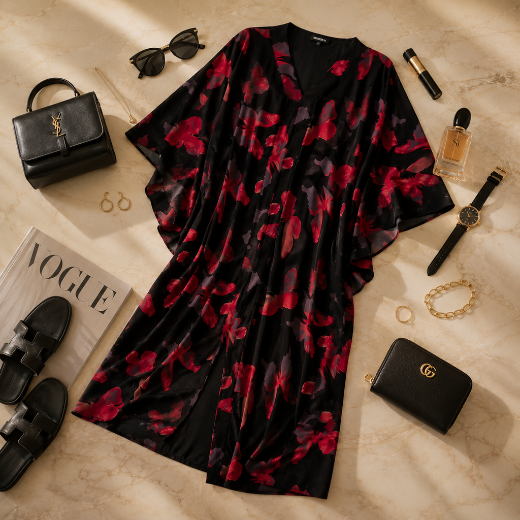 A black kimono-style cover-up dress with a red and pink floral print, styled in a flat lay on a beige marble background with fashion accessories including a black handbag, sunglasses, perfume, watch, earrings, sandals, and a small black handbag.