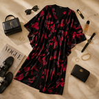 A black kimono-style cover-up dress with a red and pink floral print, styled in a flat lay on a beige marble background with fashion accessories including a black handbag, sunglasses, perfume, watch, earrings, sandals, and a small black handbag.