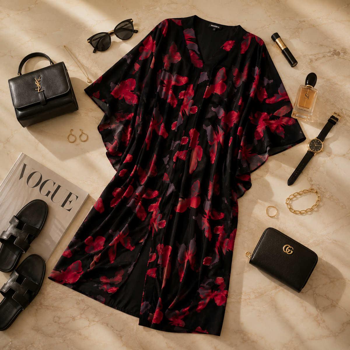 A black kimono-style cover-up dress with a red and pink floral print, styled in a flat lay on a beige marble background with fashion accessories including a black handbag, sunglasses, perfume, watch, earrings, sandals, and a small black handbag.
