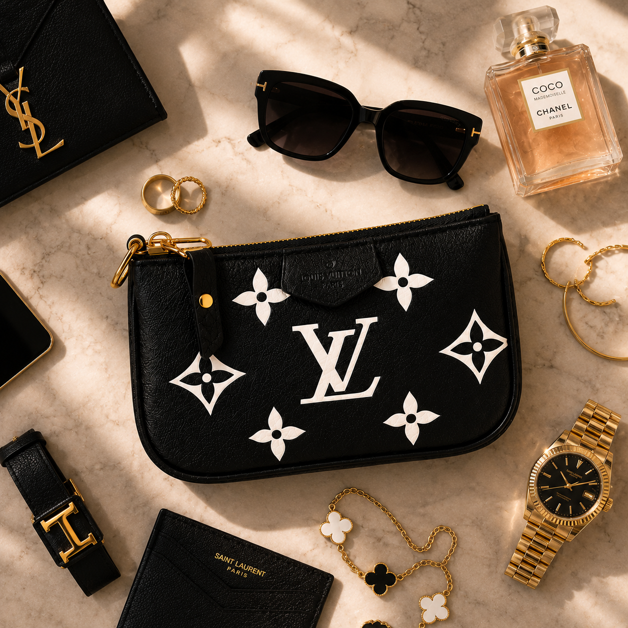 A black leather Louis Vuitton pouch with white monogram prints is styled in a luxury flat-lay arrangement on a beige marble surface, surrounded by designer accessories including sunglasses, a Chanel perfume bottle, a Saint Laurent card holder, and gold jewelry.