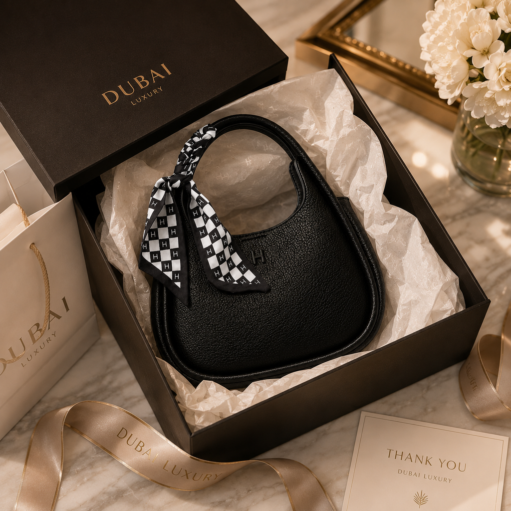 A black leather shoulder bag with a black-and-white checkered scarf tied to its handle, presented in an open black Dubai Luxury gift box on a marble surface with branded packaging and ribbon.
