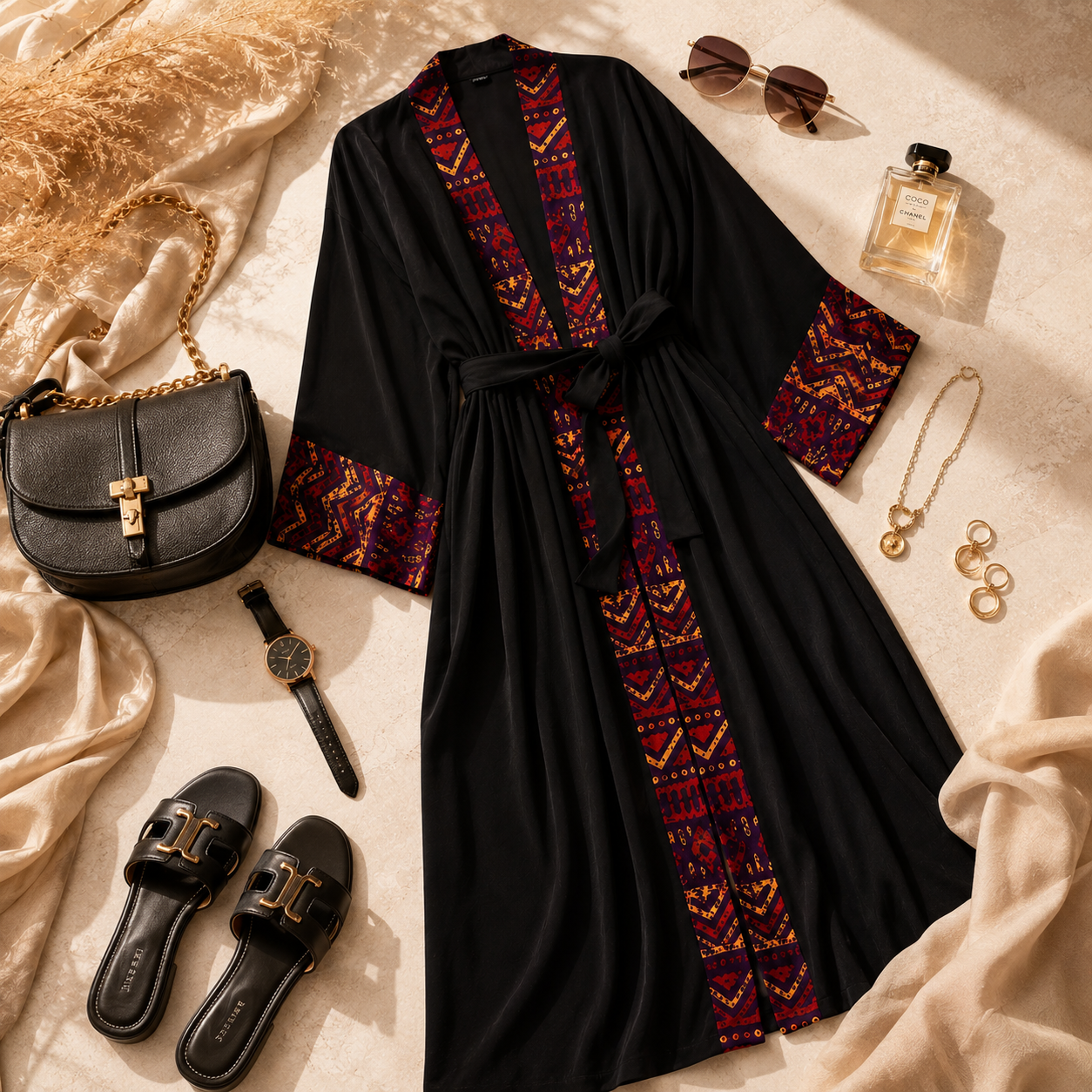 A black long robe or kimono-style dress with red and orange geometric patterned trim along the front opening, cuffs, and waist tie, styled in a flat lay with a black handbag, sunglasses, perfume bottle, watch, earrings, and black slide sandals on a beige fabric background.