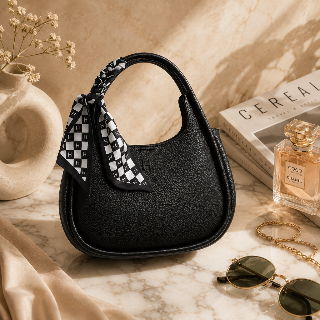 A black pebbled leather handbag with a top handle, decorated with a black and white checkered scarf featuring the letter 'H'. The bag is styled on a marble surface with a beige ceramic vase, a Chanel perfume bottle, a book, and gold-framed sunglasses.