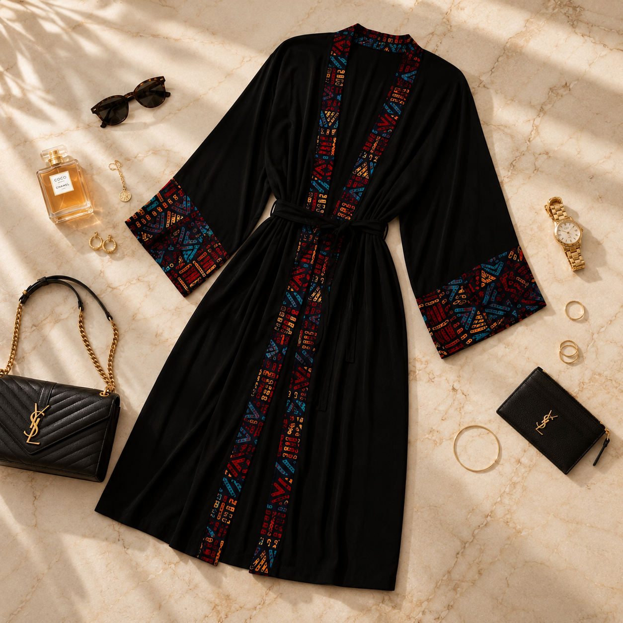 A black robe-style dress with colorful geometric trim along the front opening, cuffs, and waist tie, arranged in a styled flat lay on a beige marble surface with sunglasses, perfume bottle, earrings, watch, bangles, and a black YSL clutch around it.