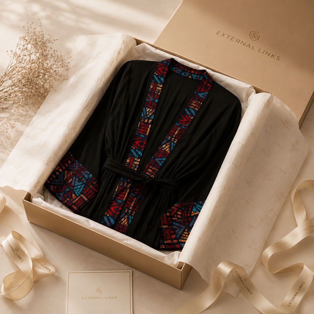 A black robe with colorful geometric embroidered trim, presented inside a beige External Links gift box with tissue paper and ribbon on a softly lit beige surface.