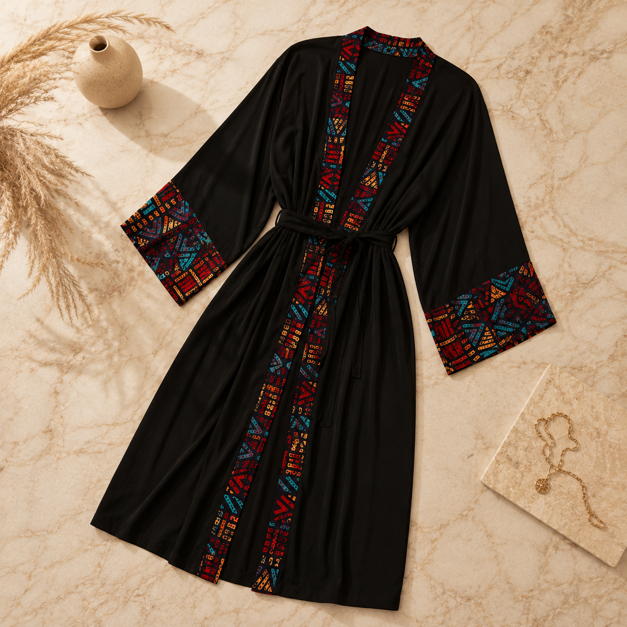 A black robe with colorful geometric patterned trim along the collar, front opening, cuffs, and waist tie, laid flat on a beige marble-like surface with decorative dried grass, a small vase, and a notebook.