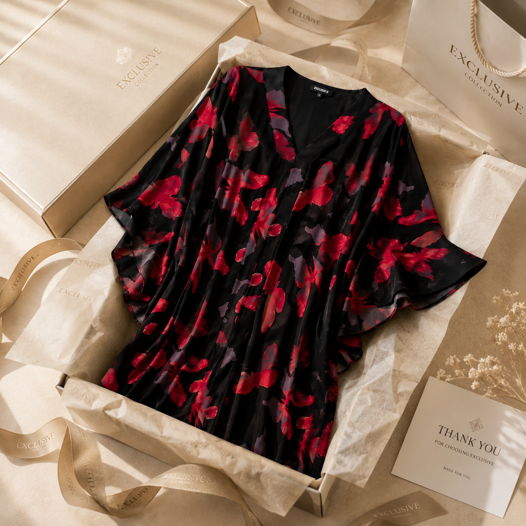 A black silk-like short-sleeve top with a red and pink floral print, presented in an open beige gift box with tissue paper, ribbon, and branded packaging.