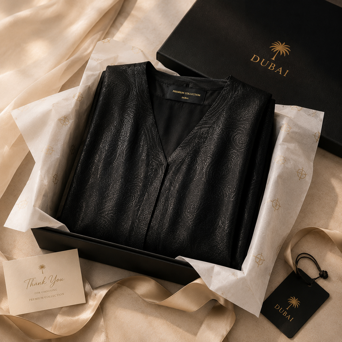 A black textured robe or kimono-style garment presented in an open black gift box with branded packaging, tissue paper, a thank-you card, and a hanging tag on draped satin fabric. The box lid and tag both show the Dubai branding.