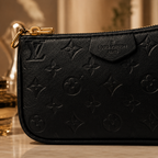 A close-up of a black Louis Vuitton monogram pouch with gold-tone hardware, resting on a reflective surface with a softly blurred warm-toned interior background.
