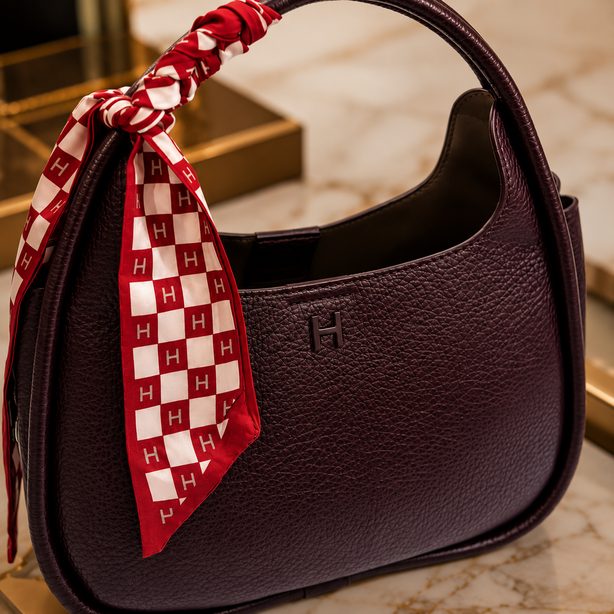 A close-up of a dark burgundy pebbled leather handbag with a top handle, featuring a red and white checkered silk scarf tied to the handle. The bag has a small embossed 'H' logo on the front and is set against a blurred marble and gold background.