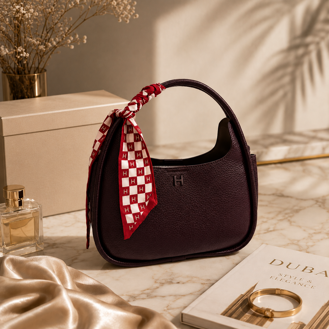 A dark burgundy leather handbag with a top handle, decorated with a red and white checkered scarf tied to the handle. The bag is styled on a marble surface with a gold ring, a perfume bottle, a beige box, and a book in a warm, sunlit setting.