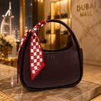 A dark burgundy pebbled leather shoulder bag with a red and white checkered silk scarf tied to its handle, displayed on a marble counter in a luxury retail setting with Dubai Mall signage in the background.