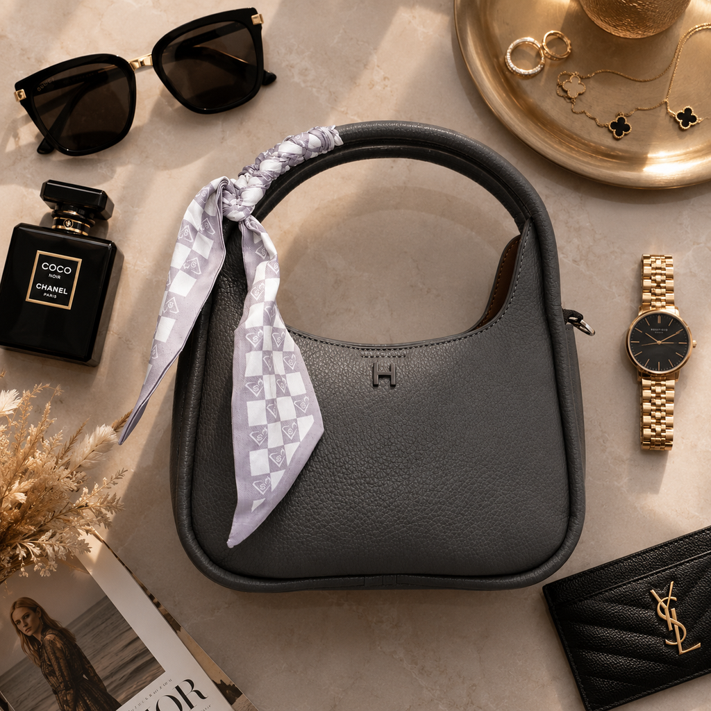 A dark gray pebbled leather shoulder bag with a structured top handle, decorated with a light purple and white checkered scarf. The bag features a small embossed 'H' logo on the front.