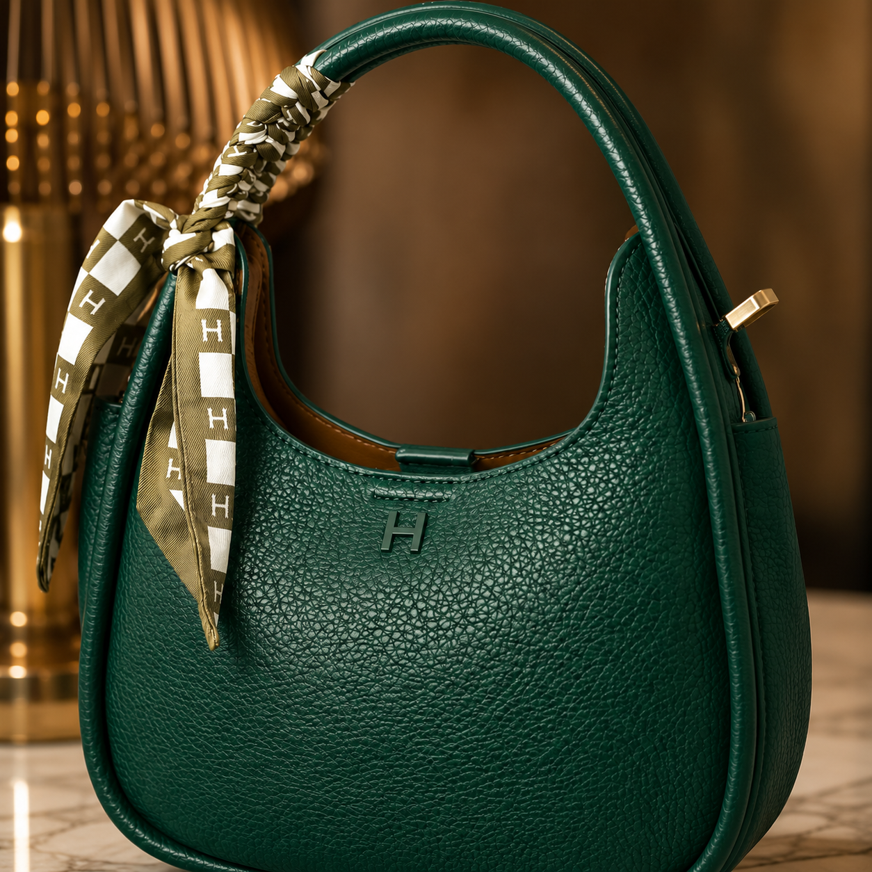 A dark green pebbled leather handbag with a matching green top handle, adorned with a patterned silk scarf tied to the handle. The handbag features a small embossed 'H' logo on the front and gold-tone hardware, set against a warm, blurred background.