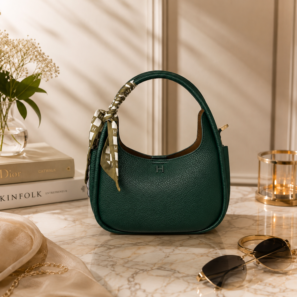 A dark green pebbled leather handbag with a top handle and a decorative gold-and-white patterned scarf, styled on a marble tabletop with books, sunglasses, and a candle in a warm indoor setting.